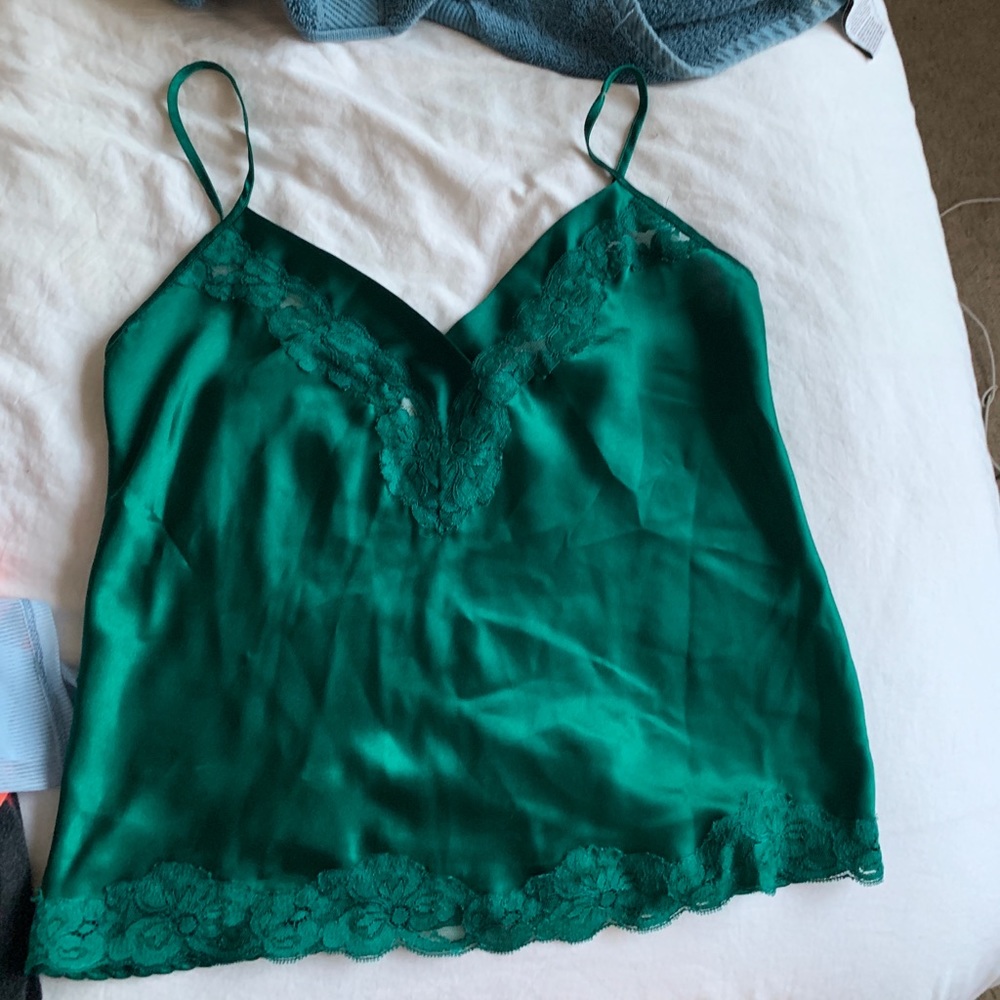 Green top with lace trim